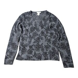 Deane & White Size S Lambswool Angora Blend Sweater Grey Paisley V-Neck Pullover